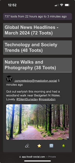 Screenshot of a social media application interface showing various categories such as Global News Headlines, Technology and Society Trends, and Nature Walks and Photography. A highlighted post from the Nature Walks and Photography category features a user named @concretedog who shares an image of a tranquil woodland path in Bedgelert, North Wales, mentioning an early morning walk with hashtags #SilentSunday and #mosstodon. The interface includes navigational elements and indicates private status at the bottom.